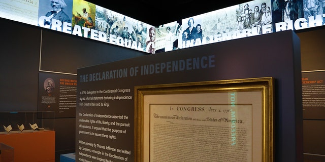 A printing of the Declaration of Independence by Peter Force in 1831 is displayed in the new exhibit in Dallas, Texas.