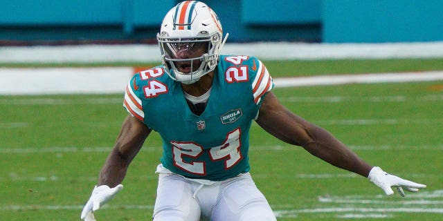 Byron Jones of the Dolphins in action against the Kansas City Chiefs at Hard Rock Stadium on Dec. 13, 2020, in Miami Gardens, Florida.