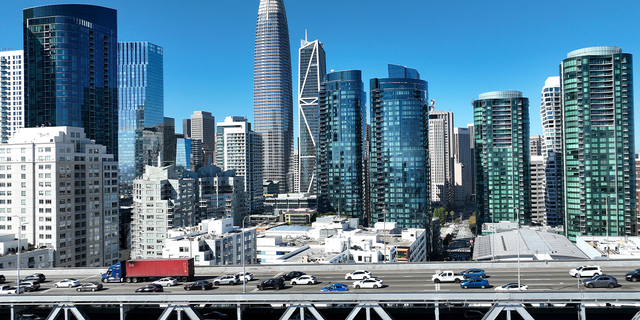 In an aerial view, cars drive the San Francisco skyline along Interstate 80 on Oct. 27, 2022 in San Francisco.