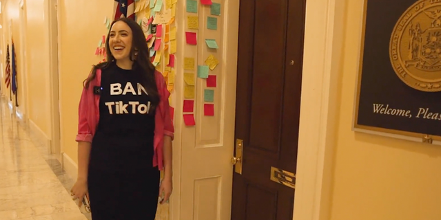 "LibsofTikTok" account creator visits the office of Rep. Alexandria Ocasio-Cortez, D-N.Y. (Screenshot from Twitter/Heritage Foundation)
