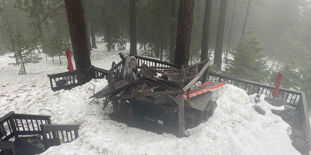 Piage Renfro's backyard gazebo collapsed from the snowstorm in Crestline, California, on Feb. 24, 2023.