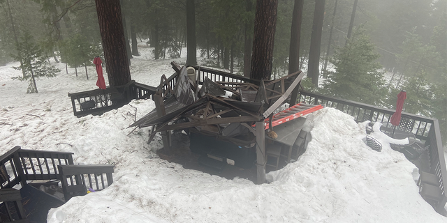 Piage Renfro's backyard gazebo collapsed from the snowstorm in Crestline, California, on Feb. 24, 2023.