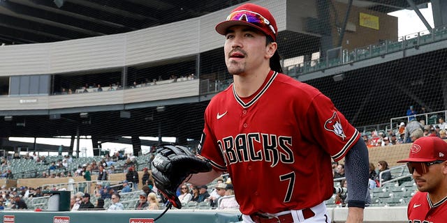 Corbin Carroll of the Arizona Diamondbacks takes the field during the first inning against the Chicago White Sox at Salt River Fields at Talking Stick Feb. 28, 2023, in Scottsdale, Ariz. 