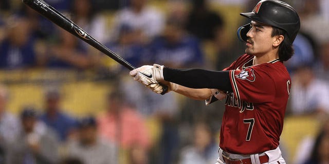 Corbin Carroll of the Arizona Diamondbacks at bat during a game against the Los Angeles Dodgers at Dodger Stadium Sept. 21, 2022, in Los Angeles. 