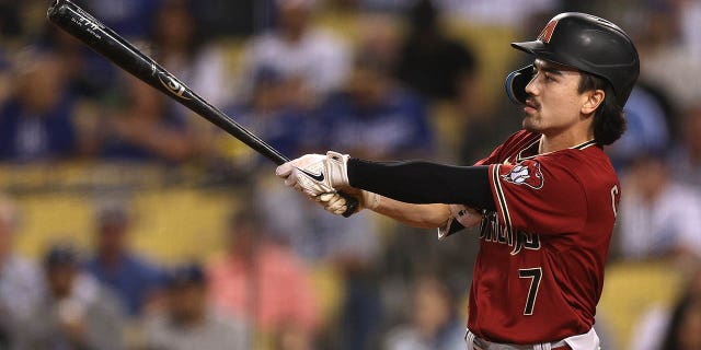 Corbin Carroll of the Arizona Diamondbacks at bat during a game against the Los Angeles Dodgers at Dodger Stadium Sept. 21, 2022, in Los Angeles.