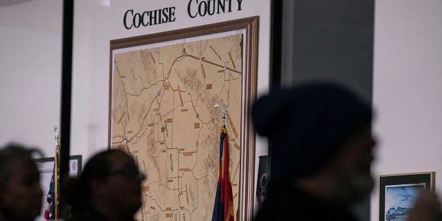 Members of the public attend a Cochise County meeting on the proposed transfer of election functions and duties to the county recorder on Feb. 14, 2023, in Bisbee, Arizona.