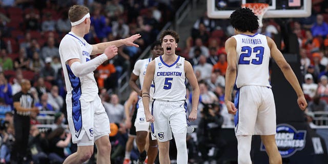 Francisco Farabello #5 of the Creighton Bluejays reacts during the first half of the Sweet 16 round of the NCAA Men's Basketball Tournament at KFC YUM!  Center against the Princeton Tigers on March 24, 2023 in Louisville, Kentucky.