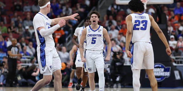 Francisco Farabello #5 of the Creighton Bluejays reacts during the first half of the Sweet 16 round of the NCAA Men's Basketball Tournament at KFC YUM! Center against the Princeton Tigers on March 24, 2023 in Louisville, Kentucky.