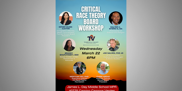 A flyer for the March 22 "Critical Race Theory Board Workshop" at James L. Day Middle School. 