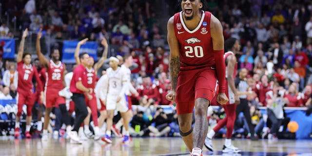 Kamani Johnson of the Arkansas Razorbacks reacts against the Kansas Jayhawks during the second half in the second round of the NCAA Tournament at Wells Fargo Arena on March 18, 2023, in Des Moines, Iowa. 