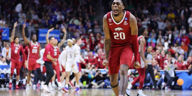 Kamani Johnson of the Arkansas Razorbacks reacts against the Kansas Jayhawks during the second half of the second round of the NCAA Tournament at Wells Fargo Arena on March 18, 2023 in Des Moines, Iowa.