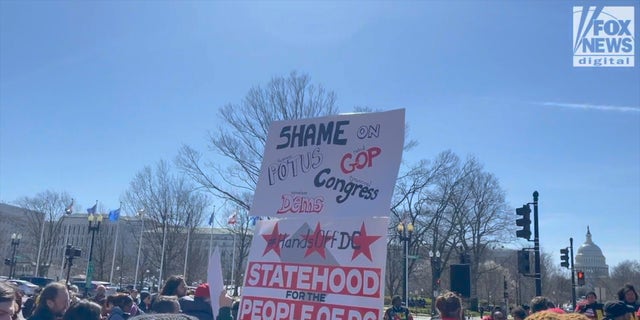 Protesters gathered outside Columbus Circle before heading toward the Capitol on Wednesday to support statehood for the District. 