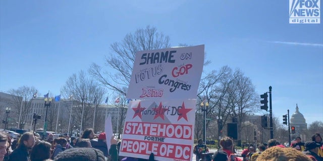 Protesters gathered outside Columbus Circle before heading toward the Capitol on Wednesday to support statehood for the District.