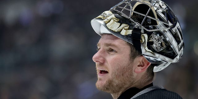 Jonathan Quick of the Los Angeles Kings argues a call during the first period against the Carolina Hurricanes at Crypto.com Arena Dec. 3, 2022, in Los Angeles.