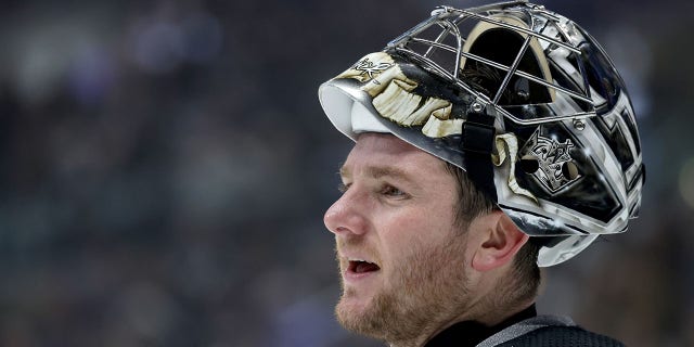 Jonathan Quick of the Los Angeles Kings argues a call during the first period against the Carolina Hurricanes at Crypto.com Arena Dec. 3, 2022, in Los Angeles.