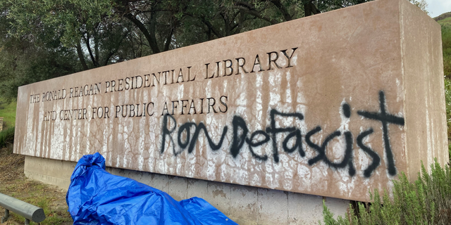 The Simi Valley Police Department says the anti-DeSantis graffiti was discovered by library employees before 7:30 a.m. on Sunday.