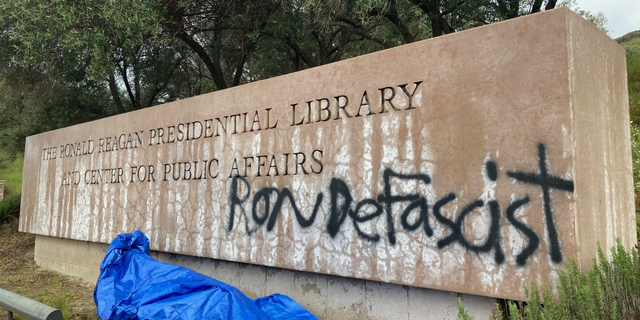 The Simi Valley Police Department says the anti-DeSantis graffiti was discovered by library employees before 7:30 a.m. on Sunday.