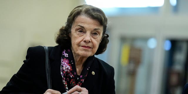 Sen. Dianne Feinstein holds papers as she walks through Senate Subway