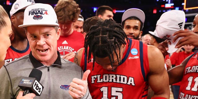 Florida Atlantic Owls head coach Dusty May is interviewed after defeating the Kansas State Wildcats during the Elite Eight round of the 2023 NCAA Men's Basketball Tournament held at Madison Square Garden on March 25, 2023 in New York City.