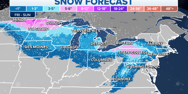 Snow forecast from the Plains through the Great Lakes through Sunday