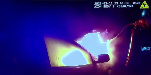 Police Officer Patrick McCormick was honored Tuesday morning for his efforts to pull an unconscious man from a burning Ford Edge.