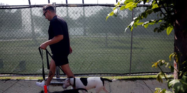A person walks their dogs past fencing that is up around Echo Park Lake in Los Angeles, CA..