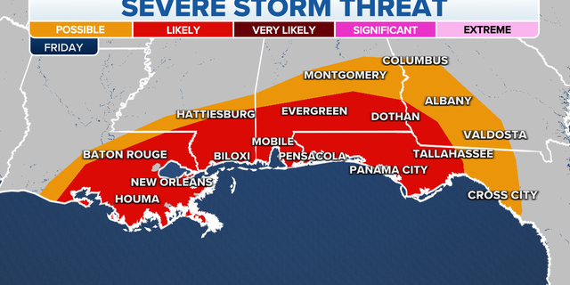 The threat of severe storms in the South, Gulf Coast on Friday