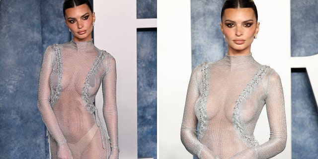 Emily Ratajkowski went for the barely-there look on the red carpet at Vanity Fair party.