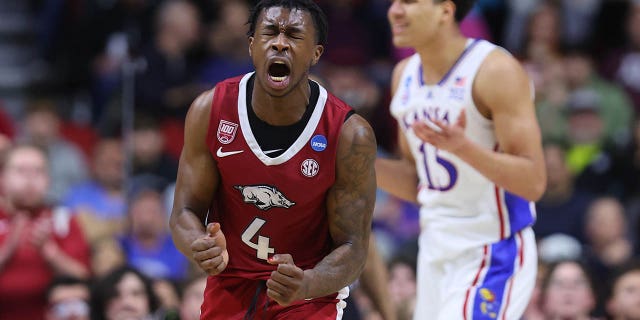 Davonte Davis (4) of the Arkansas Razorbacks reacts against the Kansas Jayhawks during the second half in the second round of the NCAA Tournament at Wells Fargo Arena March 18, 2023, in Des Moines, Iowa.