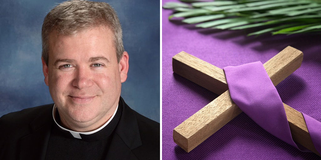 Fr. Jeffrey Kirby is shown at left. During Passiontide, which begins Sunday, March 26, crosses and statues are shrouded in purple, as shown on right.
