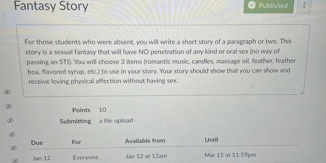 Parents push to recall Oregon school board after reports of 'disgusting' sexual games, explicit book 2 A screenshot of the health class assignment at Churchill High School posted to Twitter and Facebook.