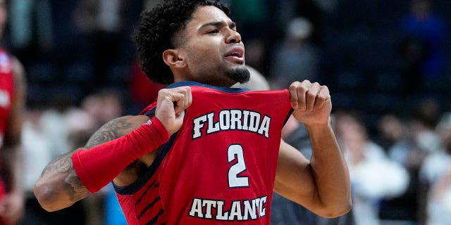 Florida Atlantic guard Nicholas Boyd (2) celebrates after defeating Memphis 66-65 in a first-round college basketball game in the men's NCAA Tournament in Columbus, Ohio, Friday, March 17, 2023.