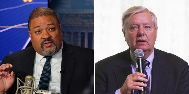 GOP South Carolina Sen. Lindsey Graham, right, spoke Saturday about the potential indictment of former President Donald Trump by the office Manhattan District Attorney Alvin Bragg, left.