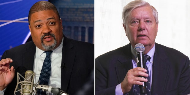 GOP South Carolina Sen. Lindsey Graham, right, spoke Saturday about the potential indictment of former President Donald Trump by the office Manhattan District Attorney Alvin Bragg, left.