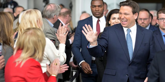 Florida Governor Ron DeSantis greets donors before speaking at the Ronald Reagan Library Sunday in Simi Valley, California.