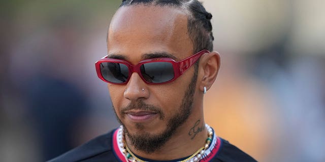 Mercedes driver Lewis Hamilton of Britain arrives for an interview in Sakhir, Bahrain, on March 2, 2023.