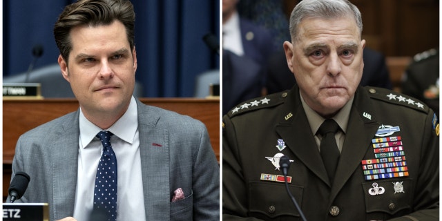Left: Rep. Matt Gaetz, R-Fla. Right: Chairman of the Joint Chiefs of Staff Gen. Mark Milley