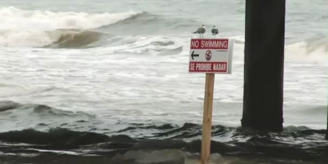 A sign under Pleasure Pier in Galveston, Texas, reads "No swimming."