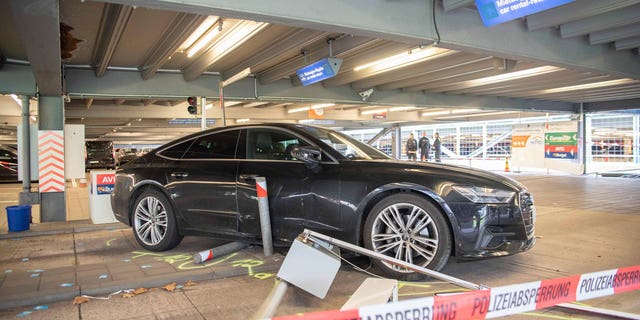 A damaged car is parked in parking lot 2 at Cologne/Bonn Airport, on March 24, 2023.