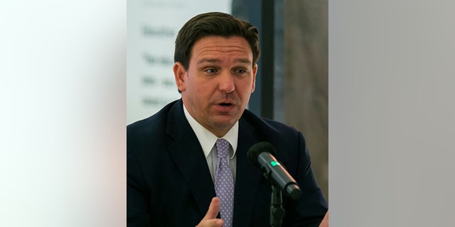 Florida Gov. Ron DeSantis speaks during a roundtable discussion at the American Museum of the Cuban Diaspora in Miami&amp;apos;s Coral Way neighborhood on Monday, Feb. 7, 2022. 
