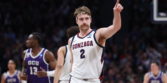 Drew Timme (2) of the Gonzaga Bulldogs reacts against the Grand Canyon Antelopes during the first half in the first round of the NCAA Tournament at Ball Arena March 17, 2023, in Denver, Colo.
