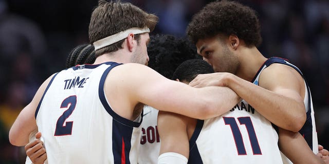 Drew Timme (2) of the Gonzaga Bulldogs hangs out with teammates before the first round of the NCAA Tournament at Ball Arena on March 17, 2023 in Denver, Colorado. 