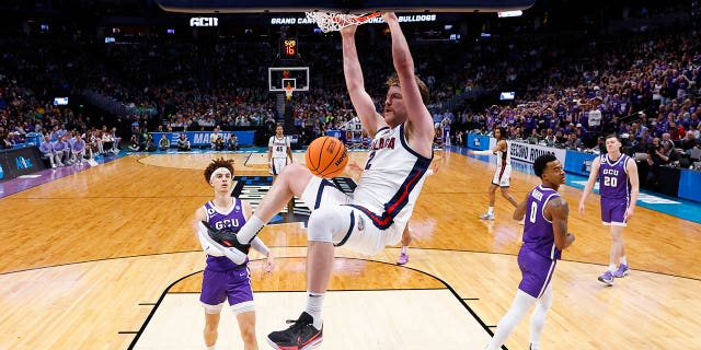 Drew Timme of the Gonzaga Bulldogs dunks the ball against the Grand Canyon Antelopes during the second half in the first round of the NCAA Tournament at Ball Arena March 17, 2023, in Denver, Colo.