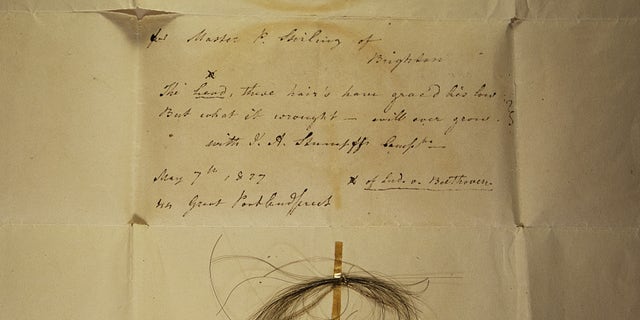 The Stumpff Lock from which Beethoven’s high-coverage genome was sequenced. The lock is affixed to a letter from Johann Andreas Stumpff to Patrick Stirling, dated May 7, 1827. Stumpff’s poem reads,