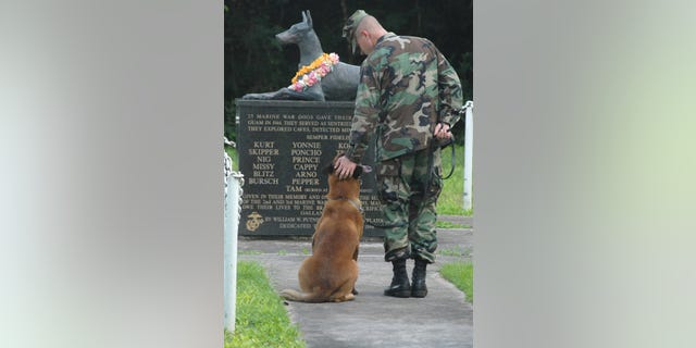 Petty Officer 2nd Class Blake Soller, a Military Working Dog (MWD) handler, pets the head of Rico at the War Dog Cemetery located on Naval Base Guam Oct. 27, 2006.