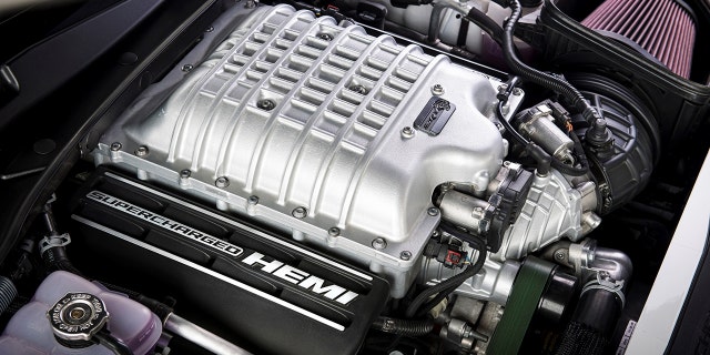 The supercharged 6.2-liter Hellcat V8 is available in the Dodge Challenger and Charger.