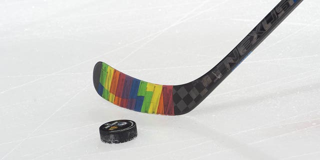 CHICAGO, IL - MARCH 05: A stick is taped in the colors of the rainbow during warm-ups in support of the NHL "hockey is for everyone" initiative during Pride Night before the game against the Edmonton Oilers at the United Center on March 5, 2020 in Chicago, Illinois.