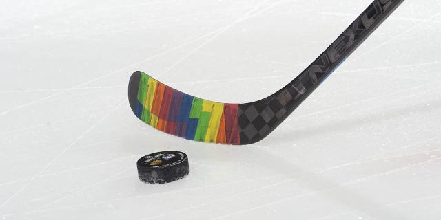 CHICAGO, IL - 05 DE MARZO: Se graba un murciélago con los colores del arco iris durante los calentamientos en apoyo de la NHL "El hockey es para todos." iniciativa durante la Noche del Orgullo antes del partido contra los Edmonton Oilers en el United Center el 5 de marzo de 2020 en Chicago, Illinois.