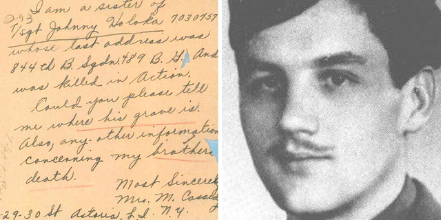 Sgt.  John Holuca, US Air Force engineer (shown here), died in 1944. On the left, a photo of a letter Holuca's sister wrote to Army officials requesting information on his death and the location of his grave.
