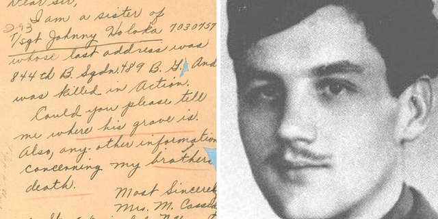 Sgt. John Holuca, US Air Force engineer (shown here), died in 1944. On the left, a photo of a letter Holuca's sister wrote to Army officials requesting information on his death and the location of his grave.